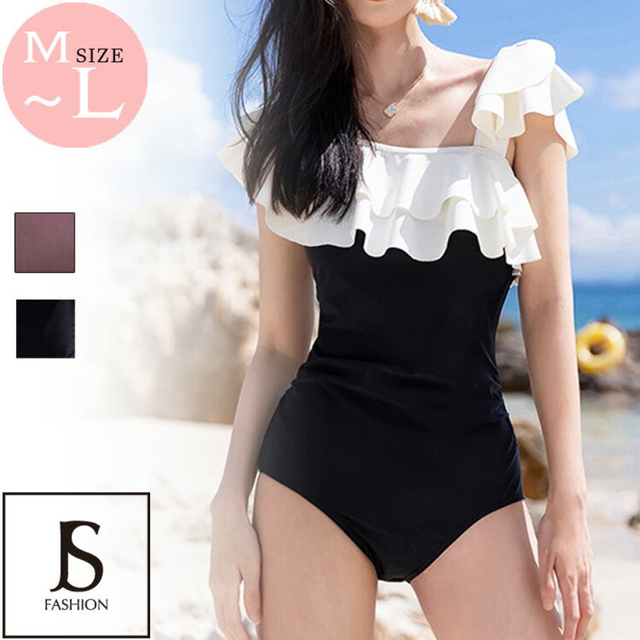 肩フリルワンショルダー風水着 ワンピース水着 全2色[品番