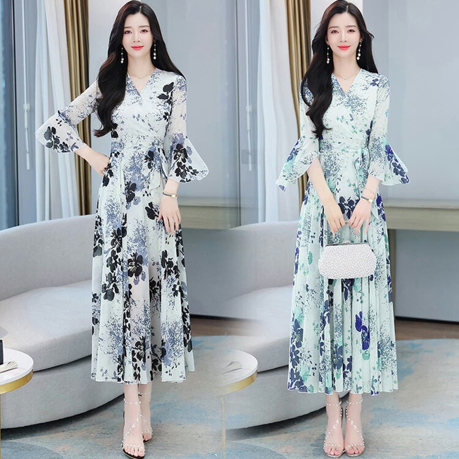 花柄ワンピース 全2色 Aラインロングワンピース[品番:JSFW0009658 花柄ワンピース 全2色 Aラインロングワンピース[品番:JSFW0009658