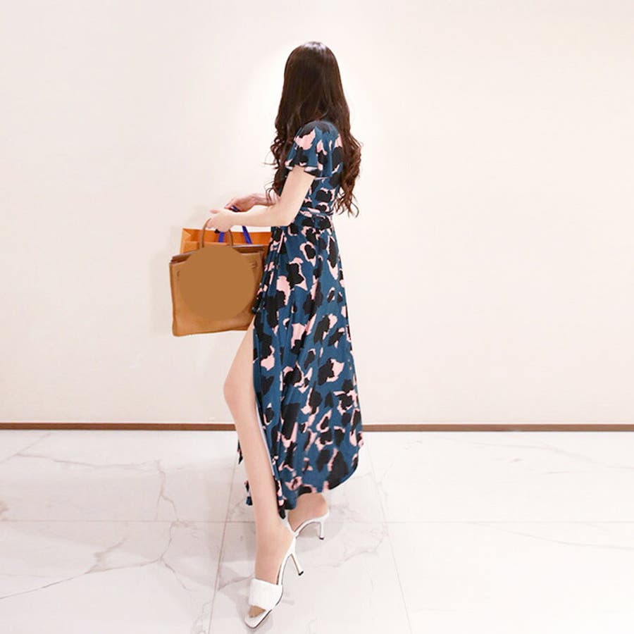 全開カシュクールロングワンピース 柄ワンピース Vネック[品番 全開カシュクールロングワンピース 柄ワンピース Vネック[品番