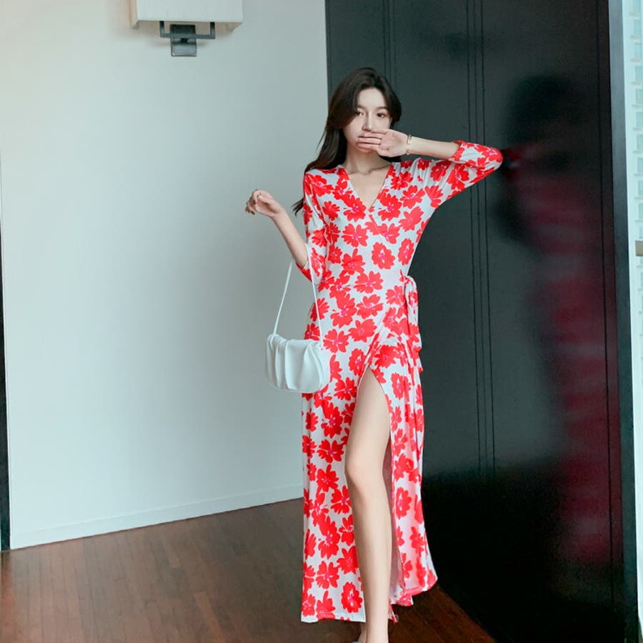 全開カシュクールロングワンピース 花柄ワンピース Vネック[品番 全開カシュクールロングワンピース 花柄ワンピース Vネック[品番