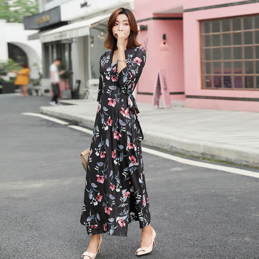 全開カシュクールロングワンピース 花柄ワンピース Vネック[品番 全開カシュクールロングワンピース 花柄ワンピース Vネック[品番