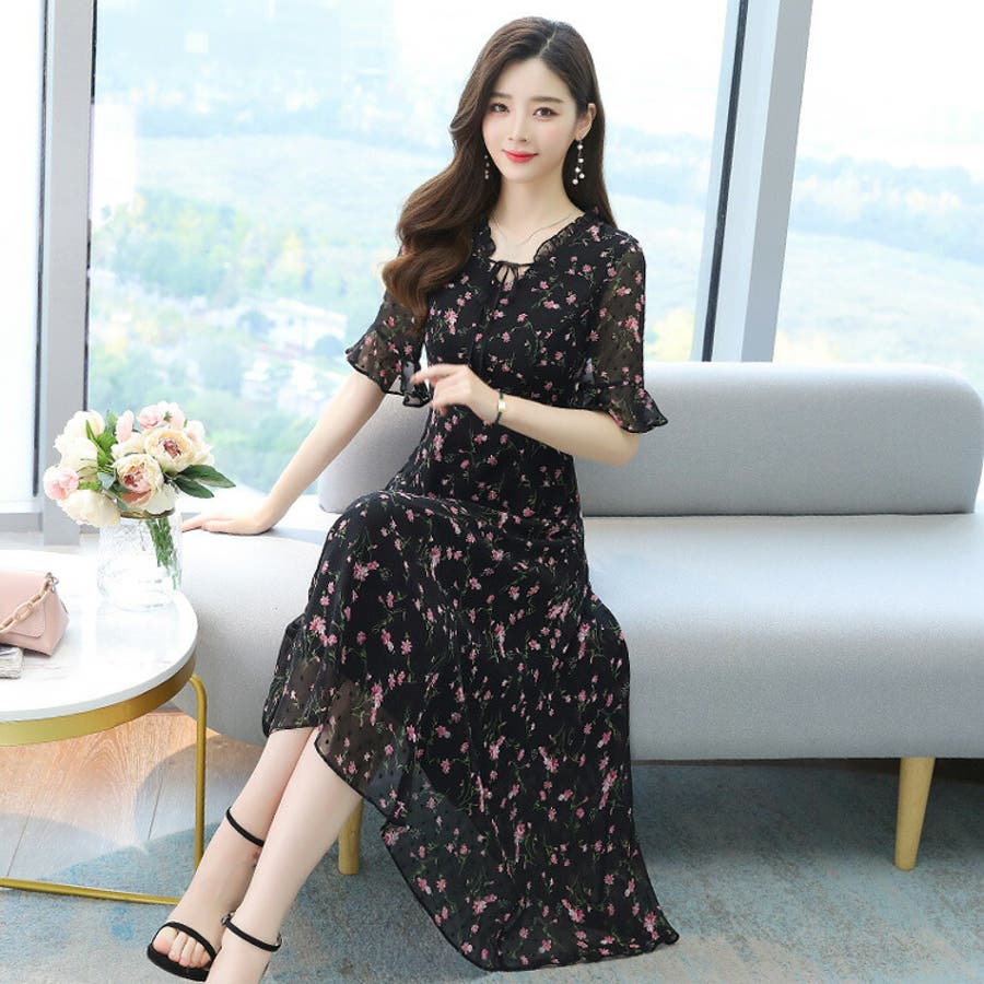 花柄ワンピース Aラインロングワンピース 花柄[品番