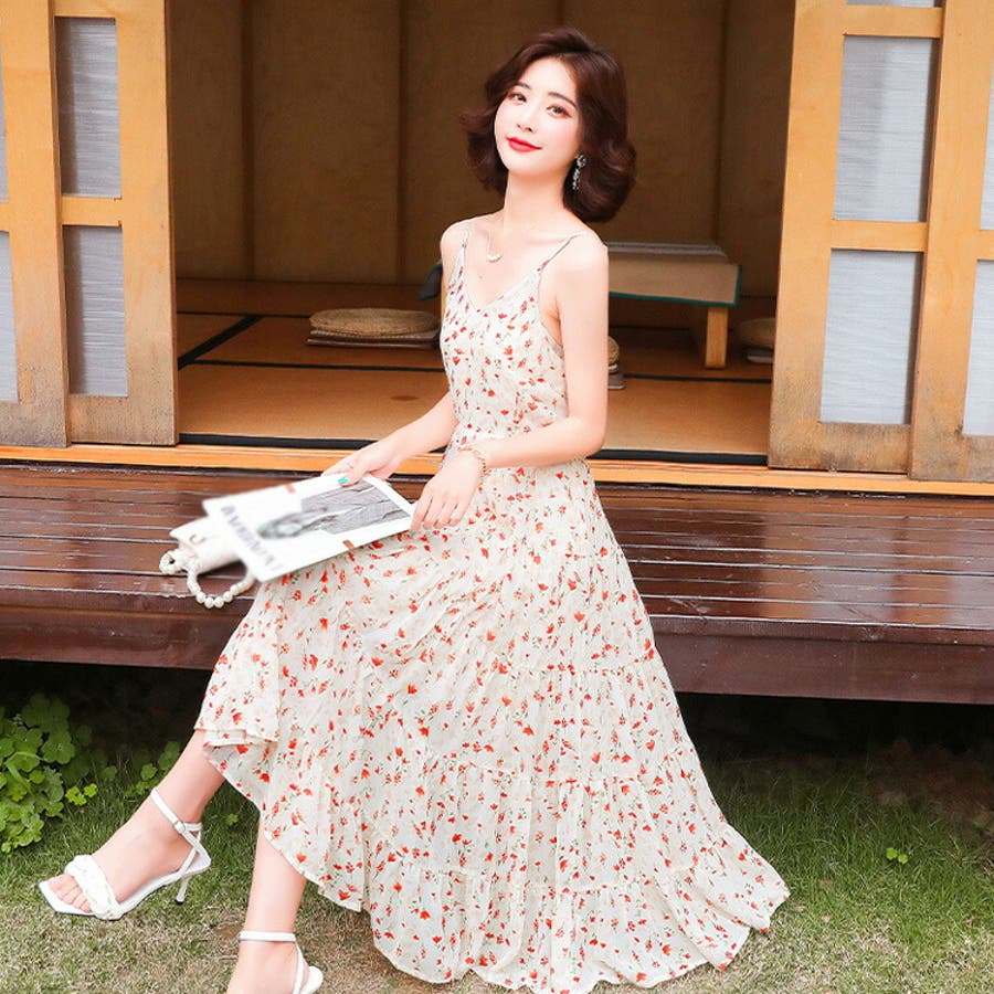 小花柄キャミワンピース Aライン ティアードロングワンピース