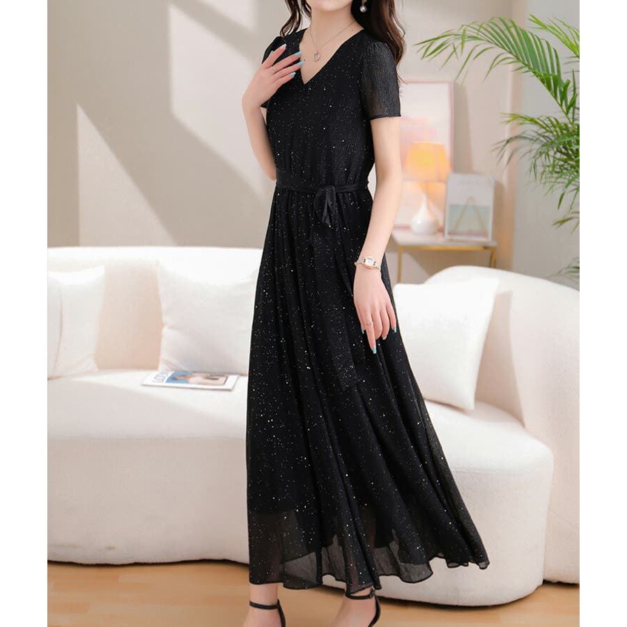 Aラインワンピース Vネック ラメ入り[品番：JSFW0010863]｜JS