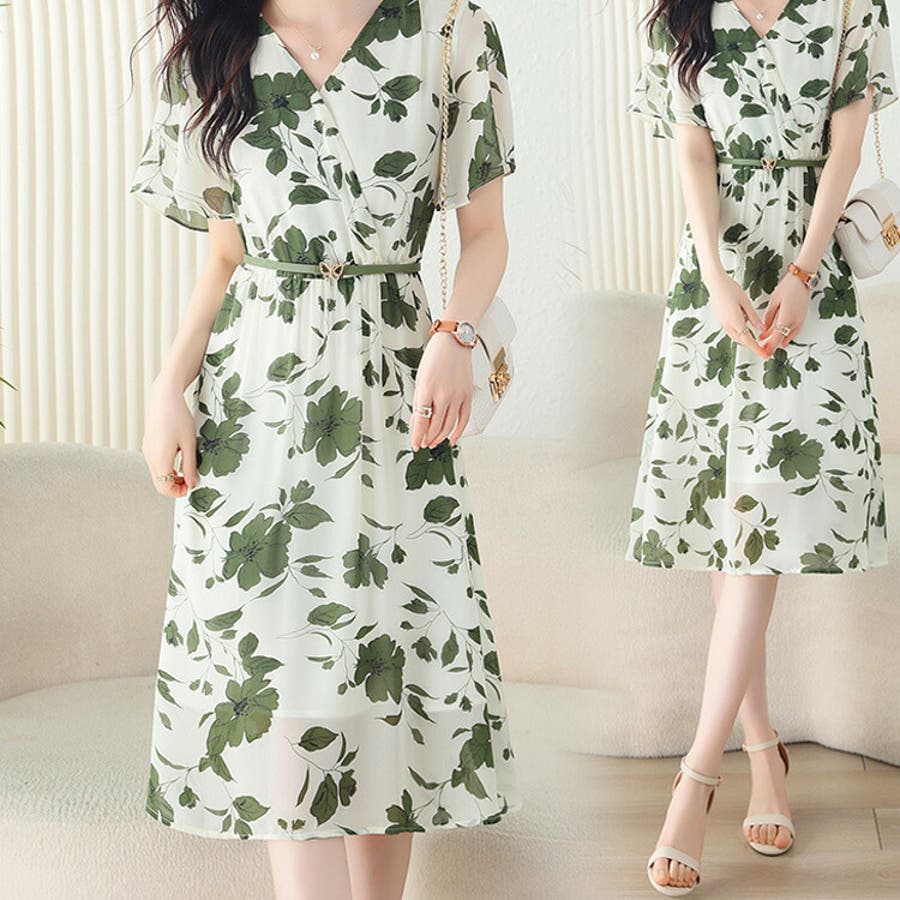 花柄ワンピース Vネック 半袖[品番：JSFW0010966]｜JS FASHION