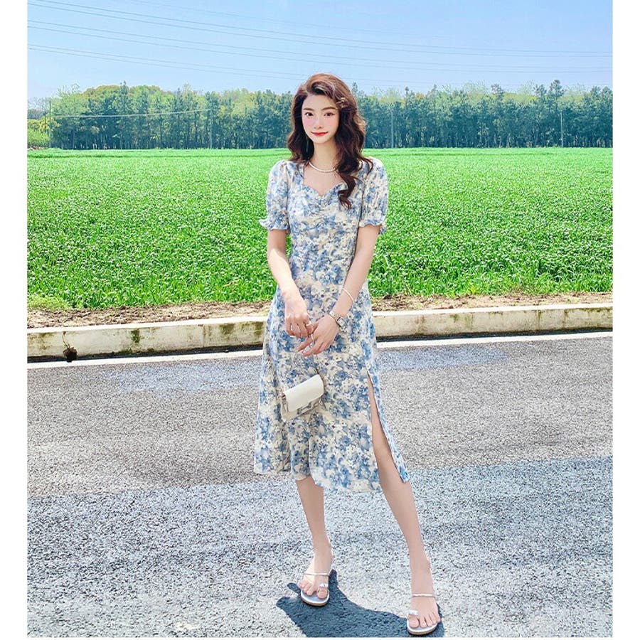花柄ワンピース 半袖 ハートネック[品番：JSFW0010968]｜JS