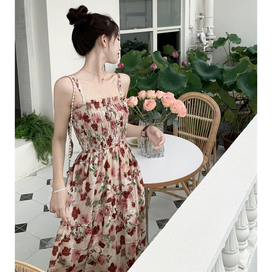胸元 シャーリング 花柄ワンピース[品番：JSFW0011091]｜JS