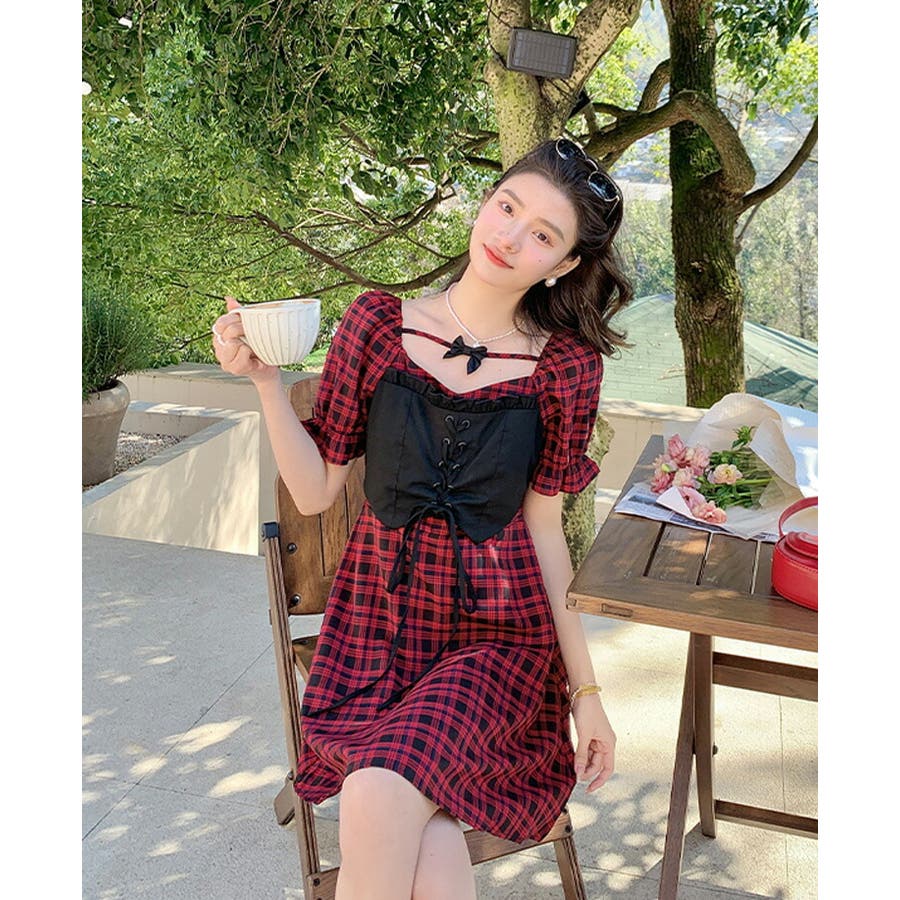 チェック柄ワンピース 半袖 パフスリーブ[品番:JSFW0011032 チェック柄ワンピース 半袖 パフスリーブ[品番:JSFW0011032