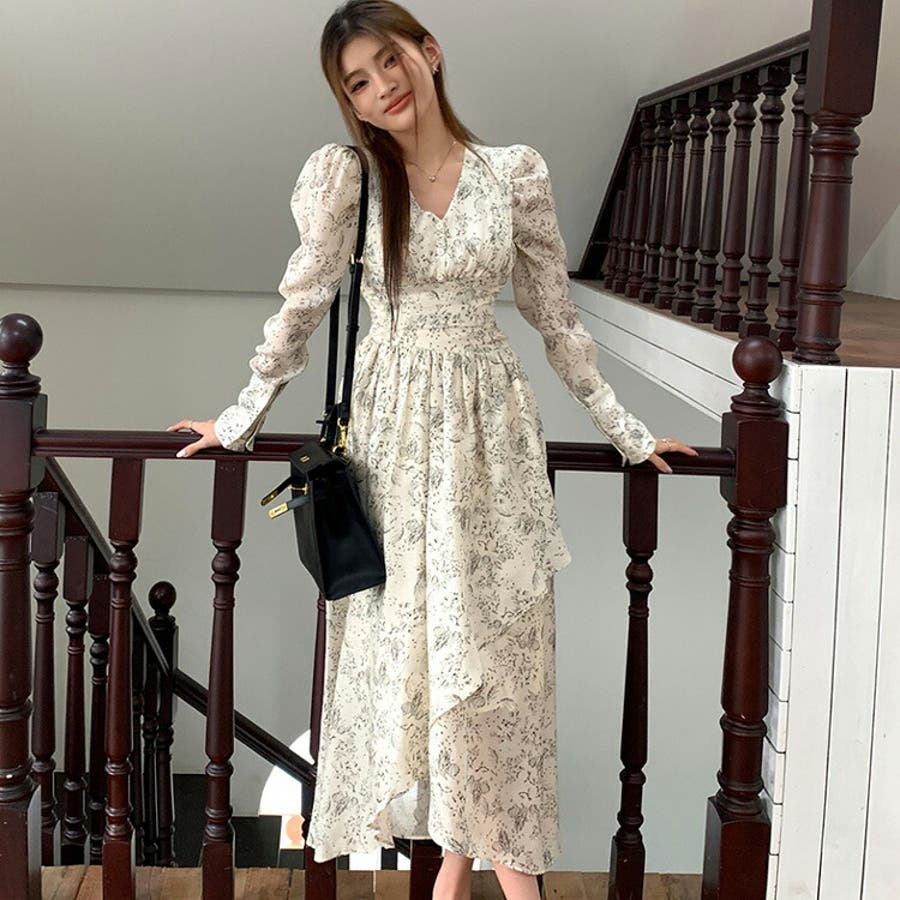 アシンメトリー ロングワンピース 柄ワンピース[品番