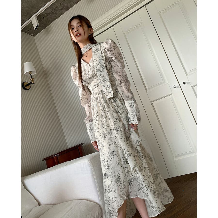 アシンメトリー ロングワンピース 柄ワンピース[品番