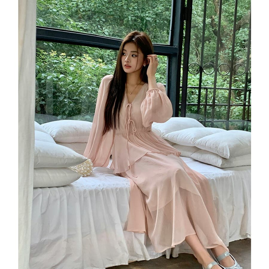 フリルワンピース Vネック シフォン[品番：JSFW0011714]｜JS