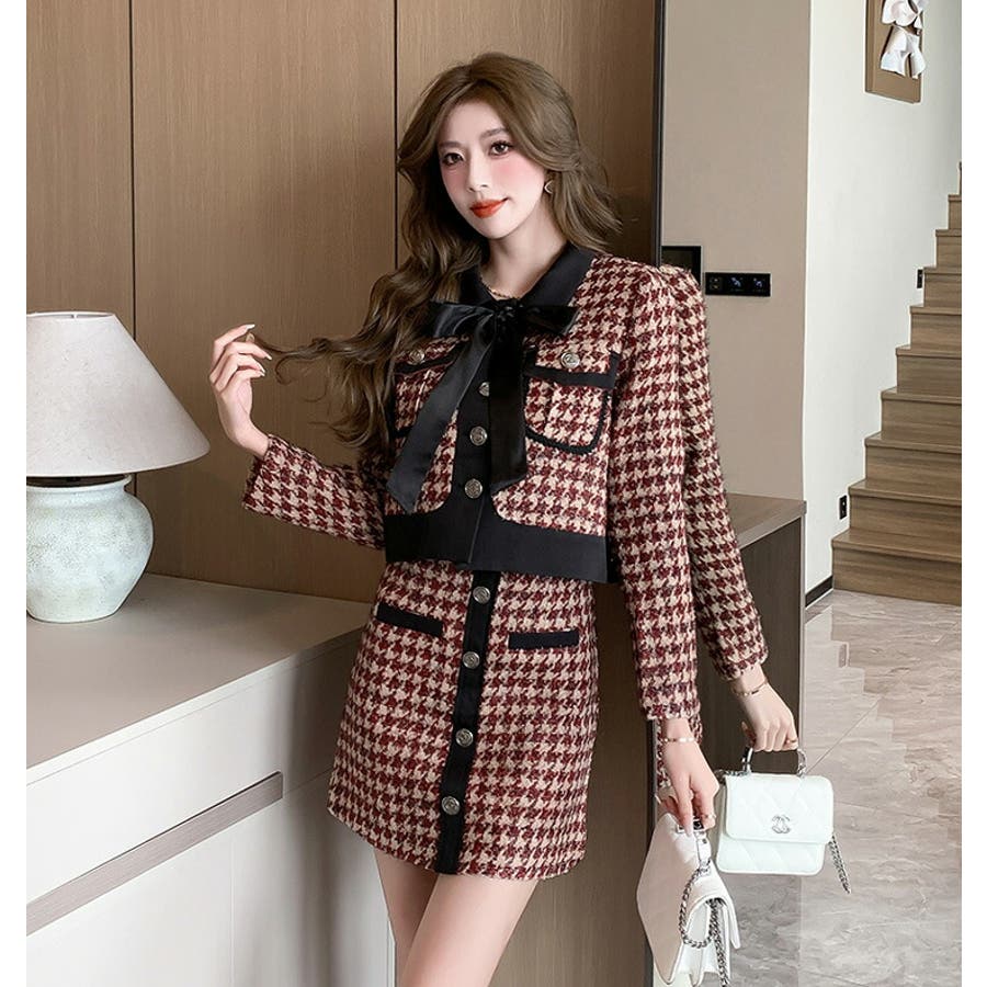 上品なスタイル ツイード セットアップ 千鳥柄[品番：JSFW0011831]｜JS FASHION トップス
