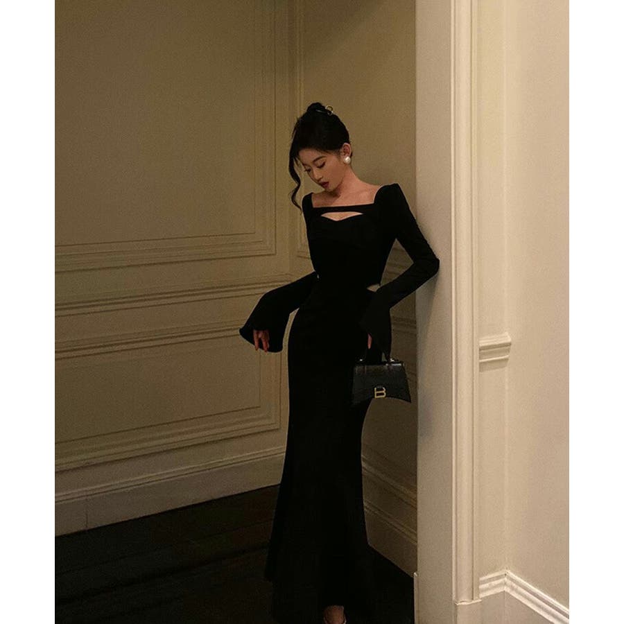 ドレスプロダクション　ブラックドレス　マーメイド オフショルダー ソフトマーメイドドレス ブラック（W268BK）