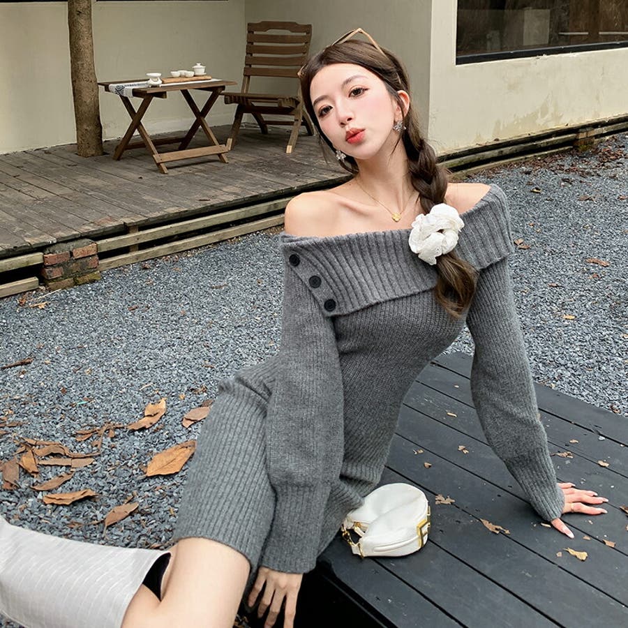 良質  ニットワンピース オフショルダー リブニット[品番：JSFW0014498 スーツ・フォーマル・ドレス
