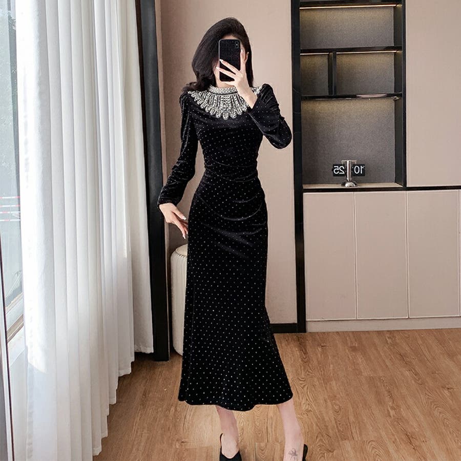 ベロアワンピース ビジュー付き パーティードレス[品番：JSFW0014594]｜JS  FASHION（ジェーエスファッション）のレディースファッション通販｜SHOPLIST（ショップリスト）