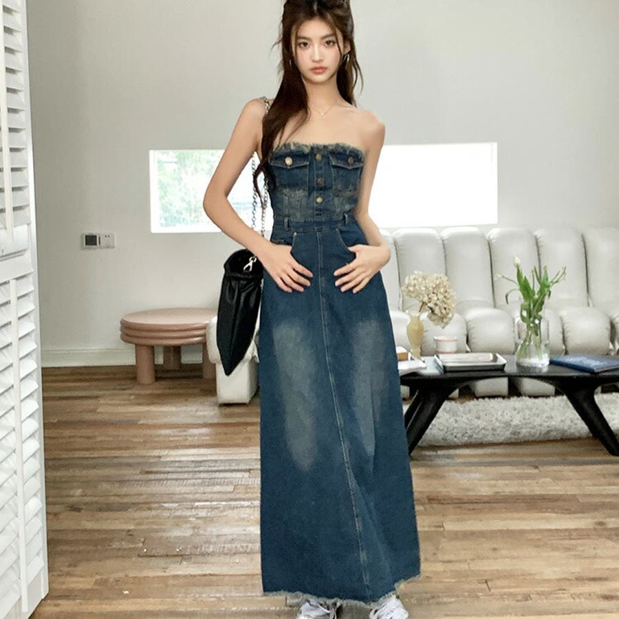 【美品】45R 小麦デニムのレフアドレス ストライプ フリル ロングワンピース デニムワンピース ロング 半袖 ティアードワンピース Aライン