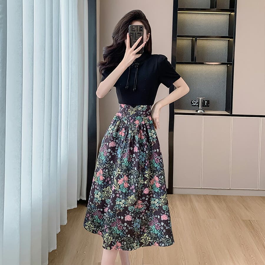 DAY CLOSET ワンピース レディース Vネック花柄ウエスト絞り