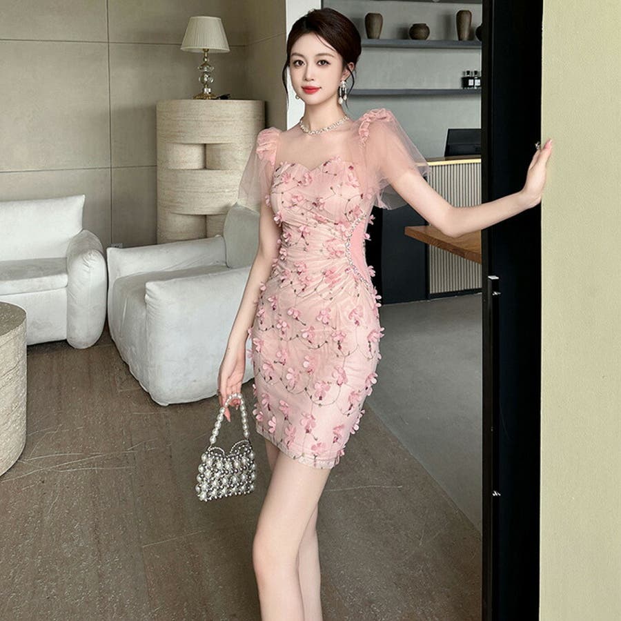 花柄 ワンピース ビジューネック[品番：JSFW0013824]｜JS FASHION