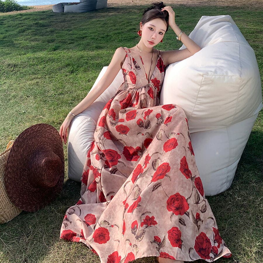 リゾートワンピ 花柄 バラ[品番：JSFW0013763]｜JS FASHION
