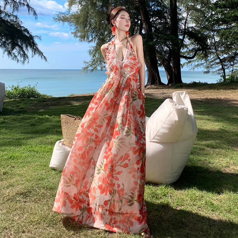 花柄リゾートワンピースバッククロスセクシー 花柄 リゾート ワンピース バッククロス フレア マキシ セクシー