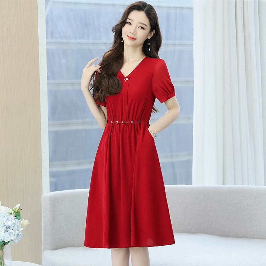 Lace Ladies ドレス ウエストリボン付き切り替えAライン