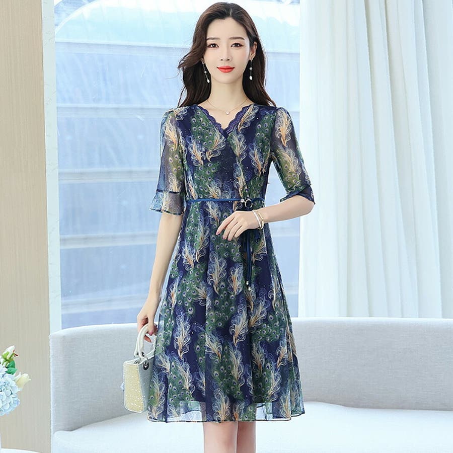 本店は ワンピース Aライン 孔雀柄風[品番：JSFW0013791]｜JS FASHION ワンピース
