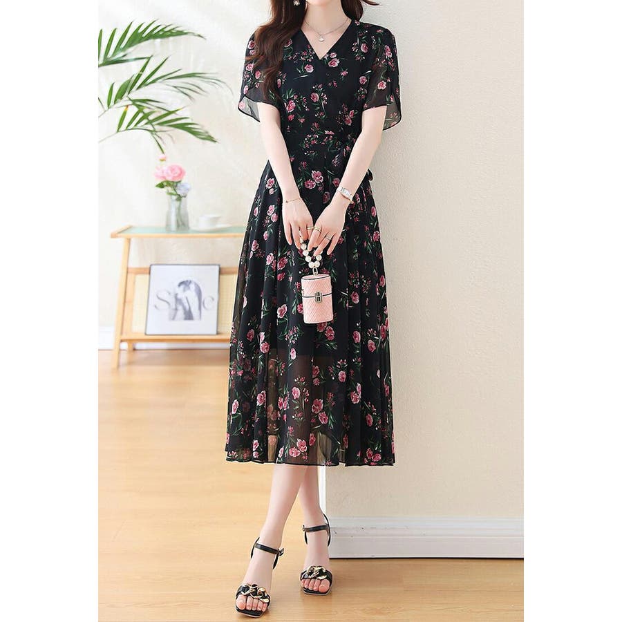 花柄ワンピース カシュクール風 Vネック[品番：JSFW0013946]｜JS