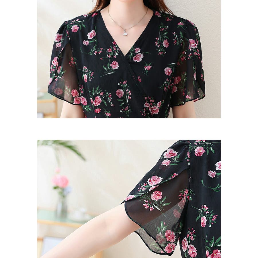 花柄ワンピース カシュクール風 Vネック[品番：JSFW0013946]｜JS