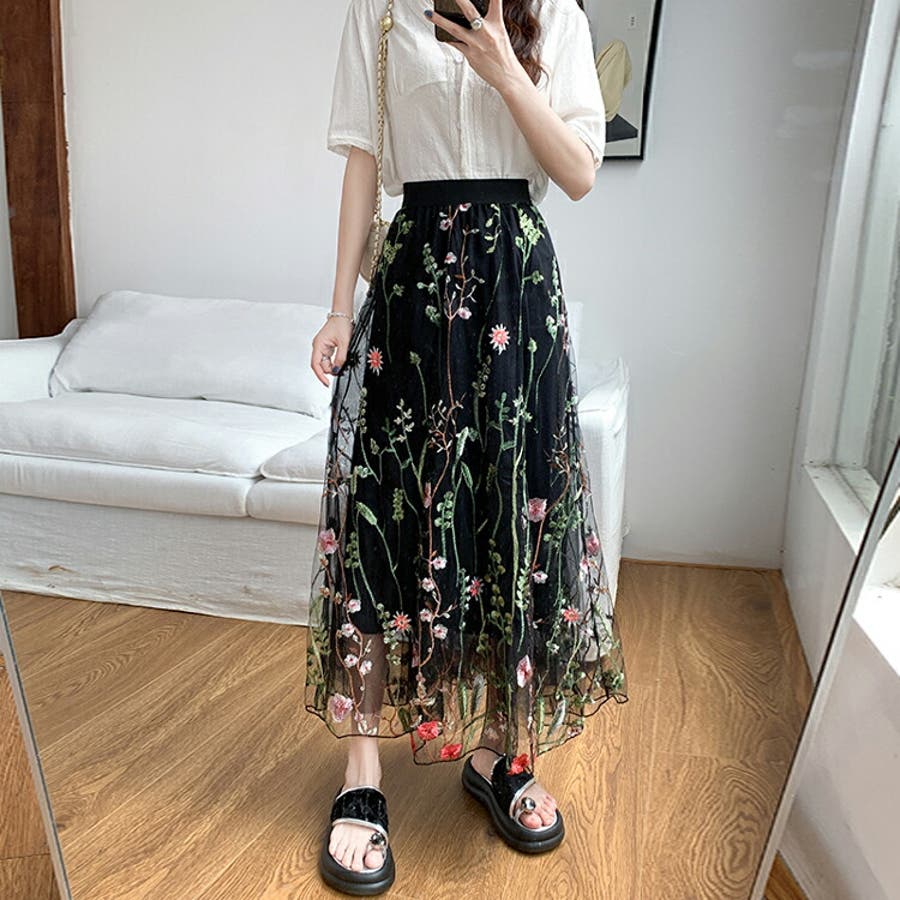 チュールスカート 刺繍 全3色[品番：JSFW0013958]｜JS FASHION