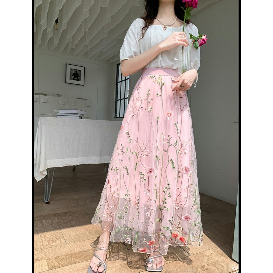チュールスカート 刺繍 全3色[品番：JSFW0013958]｜JS FASHION