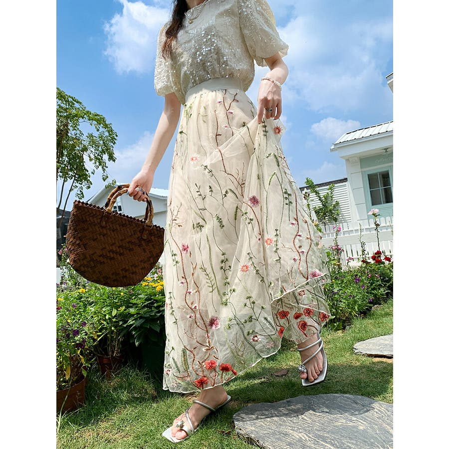 チュールスカート 刺繍 全3色[品番：JSFW0013958]｜JS FASHION