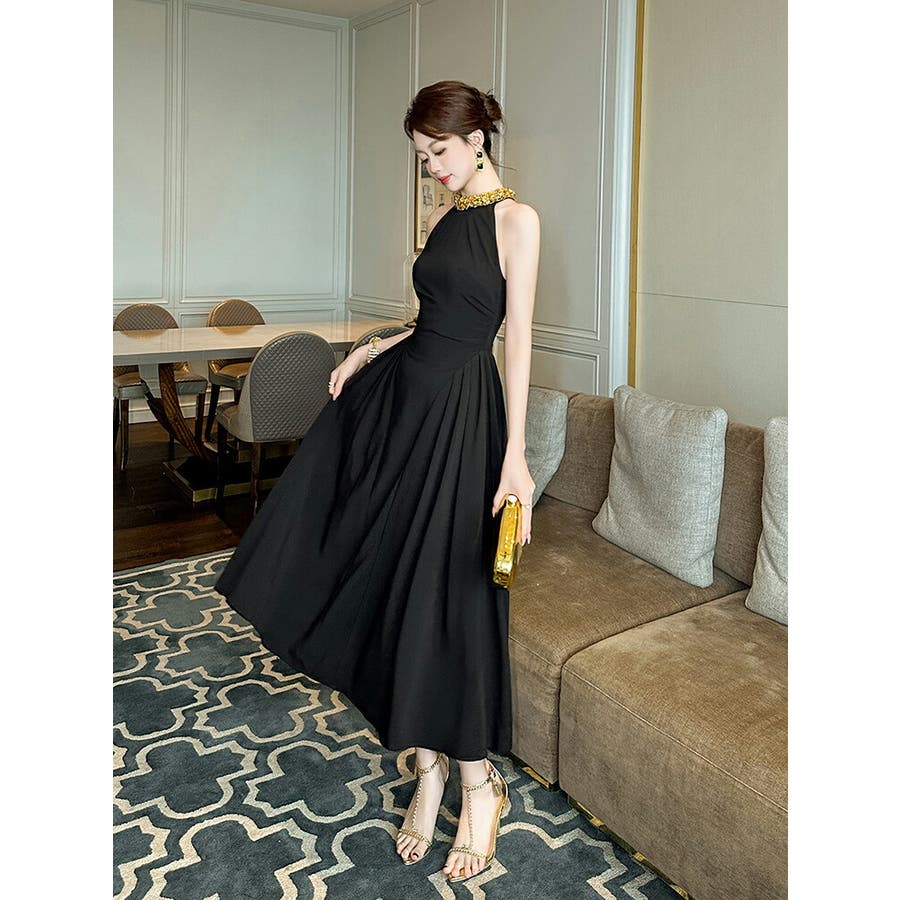 パーティードレス Aラインワンピ ビジューネック[品番：JSFW0013995