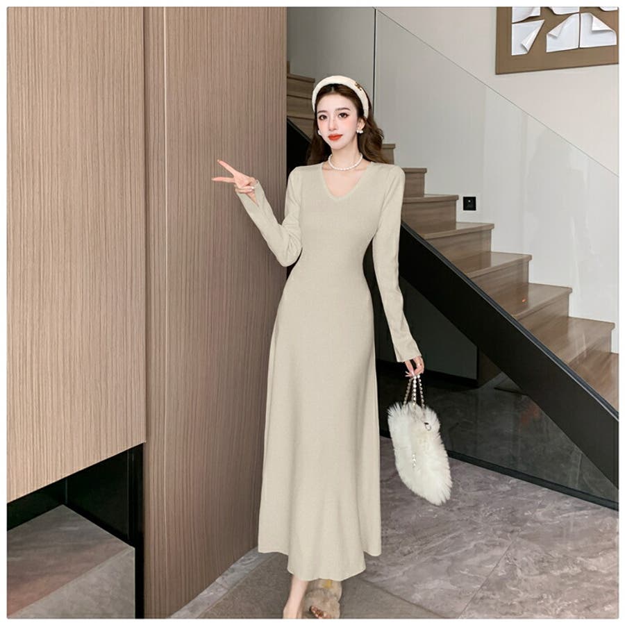 ロングニットワンピース 全4色 ストール付き[品番：JSFW0014457