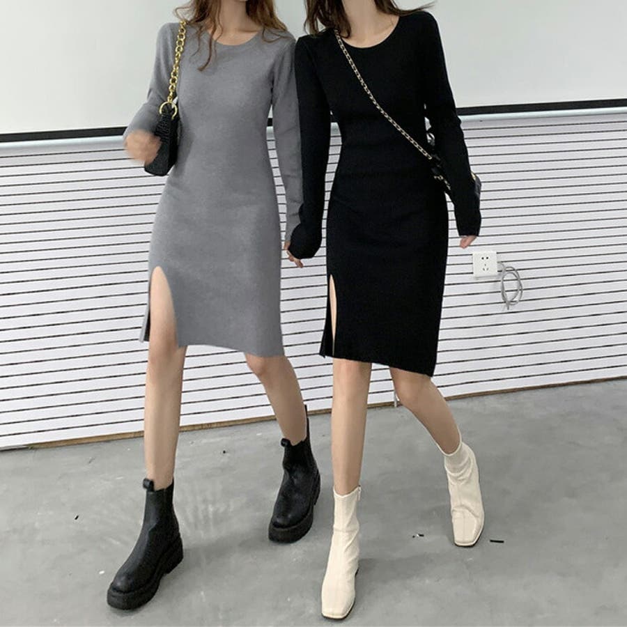 ニットワンピース 全2色 スリット入り[品番：JSFW0007783]｜JS