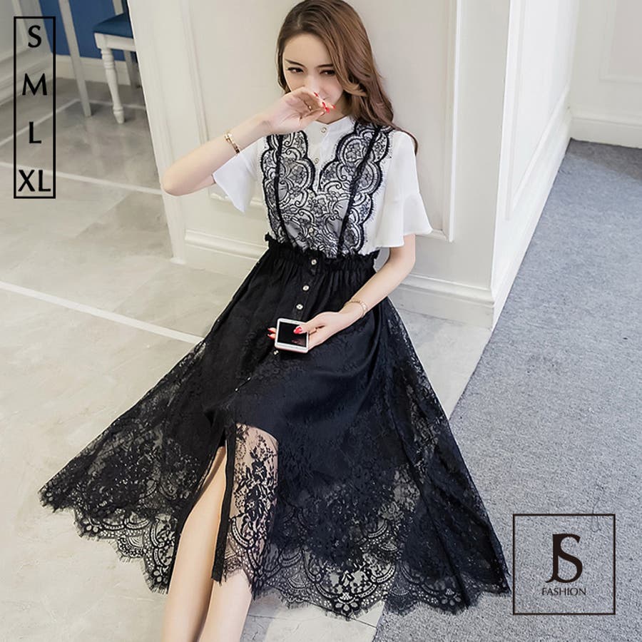 【12月スーパーSALE 15％OFF】 異素材切替 バイカラードッキングレースワンピース Aライン ワンピース