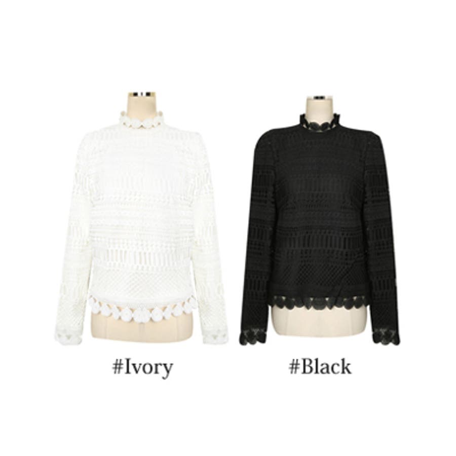 OUR カットレース使いの長め丈カットソー 首元と袖と丈のデザインが可愛い♪レース刺繍デザインの長袖カットソー