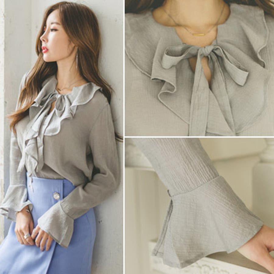 ひらひらとしたフリル襟が可愛い♪フリル襟リボンフレア袖