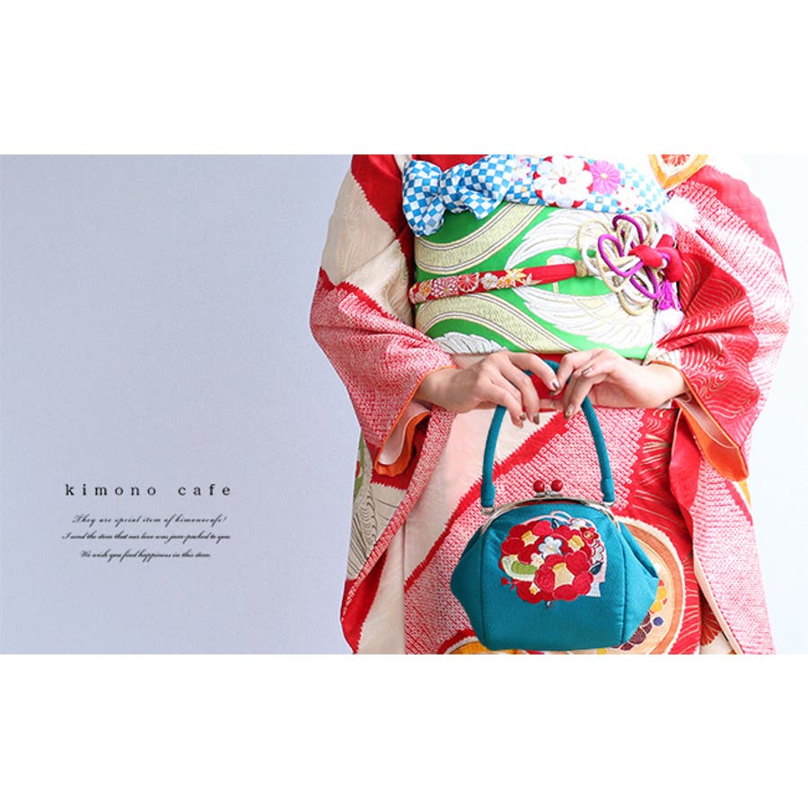 バッグ 小鳥と牡丹 振袖 袴 刺繍 がま口 着物 用 赤 ターコイズ 白[品番