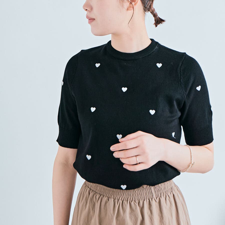 【売り切り御免！】 ハート刺繍半袖コットンニット 2サイズ サマーニット[品番 その他