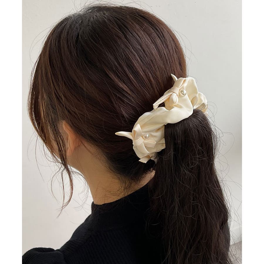 パール付きリボンサテンシュシュ 小物 ヘアアクセサリー[品番