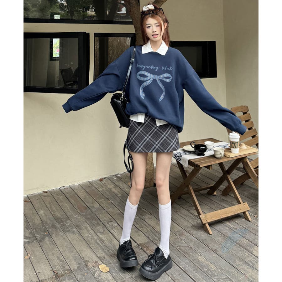 RONRONリボンデザイン プリント ネイビー スウェット ロンロン RONRON スウェット BIG RIBBON LINE SWEATSHIRT 長袖