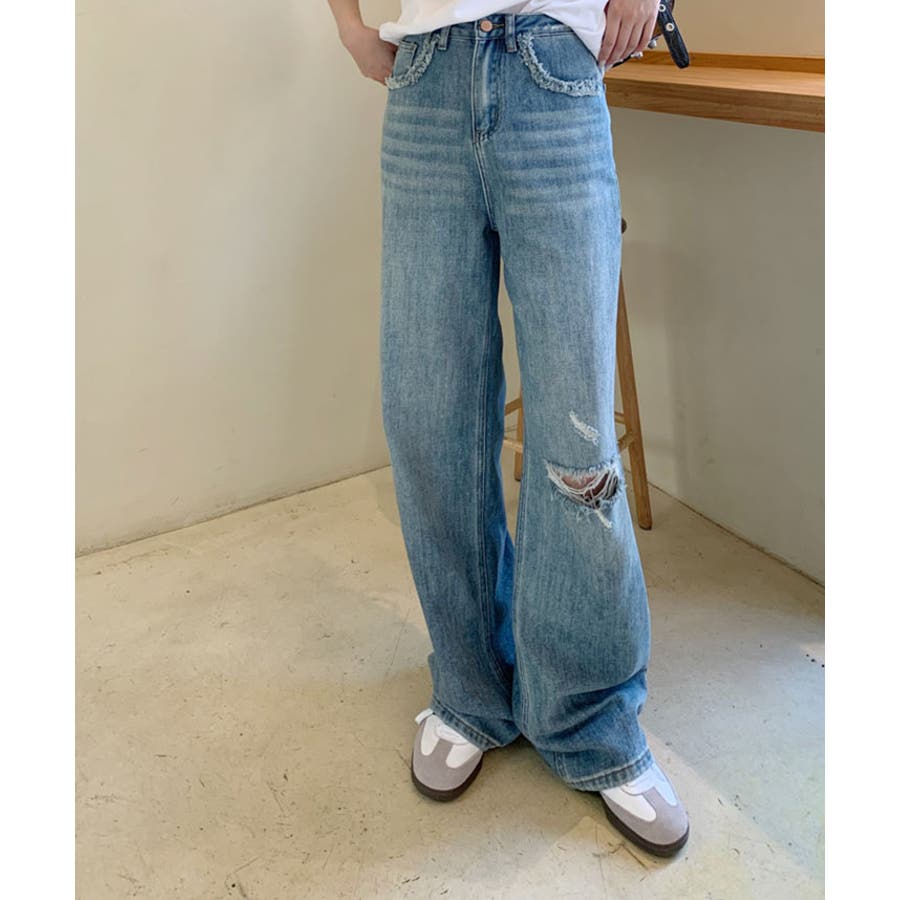 【メーカー包装済】 カットオフデザインワイドストレートデニム ボトムス デニム パンツ