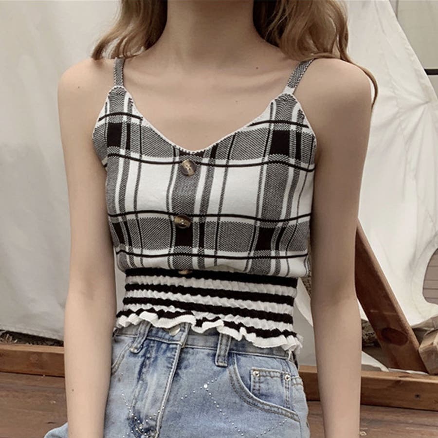 チェック柄シャーリングキャミソール トップス ショート