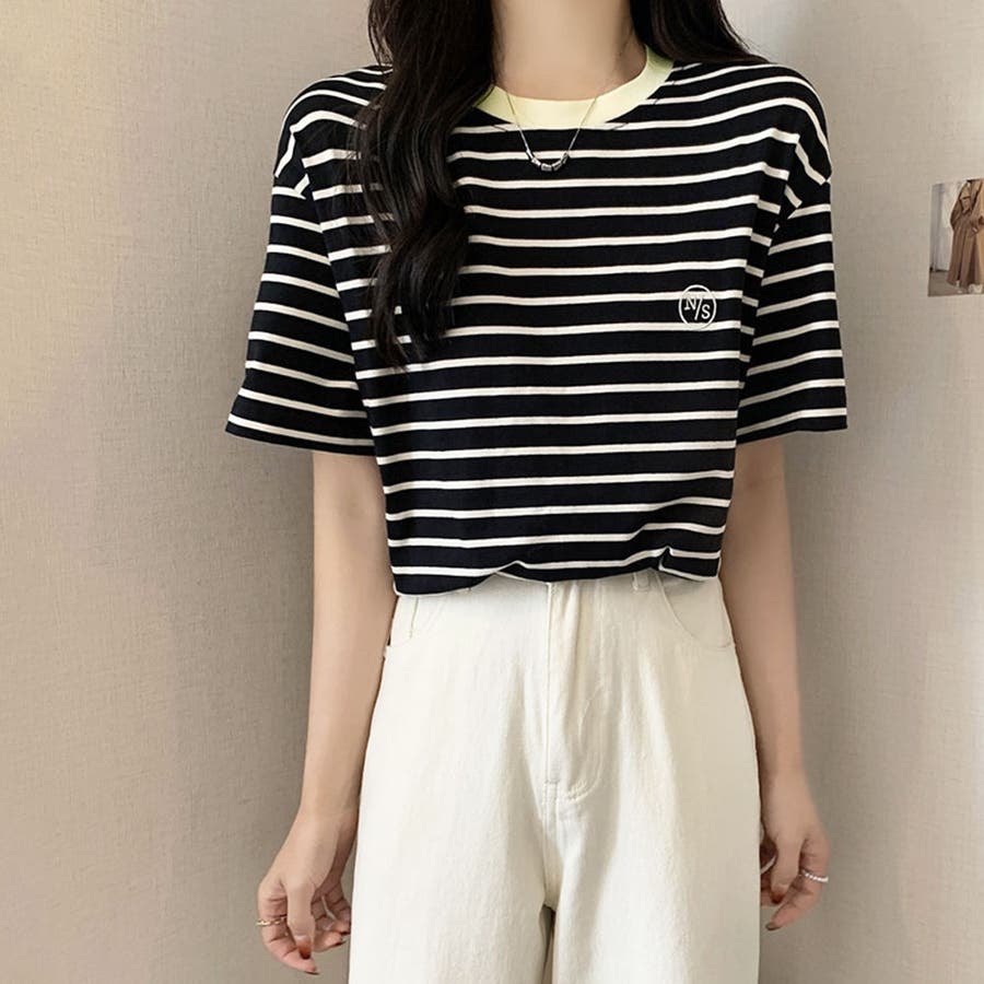 刺繍ロゴボーダーTシャツ 4サイズ トップス[品番：IK000006890