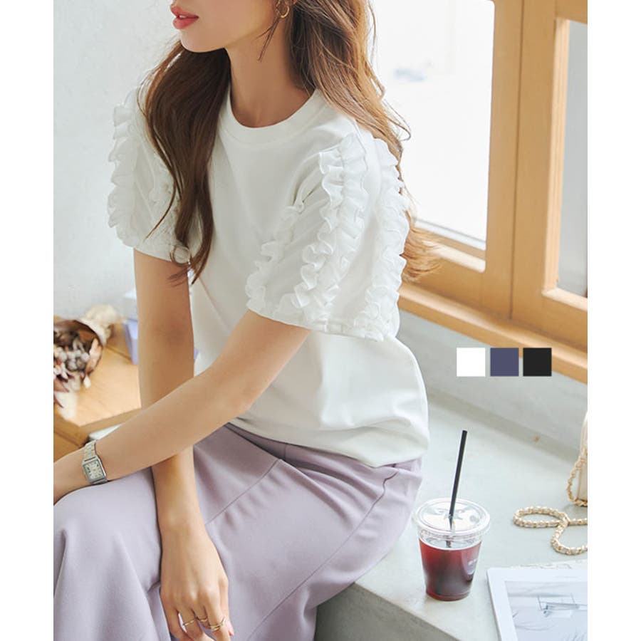 袖フリルポンチTブラウス［C6761］[品番：KO000013830]｜KOBE LETTUCE 