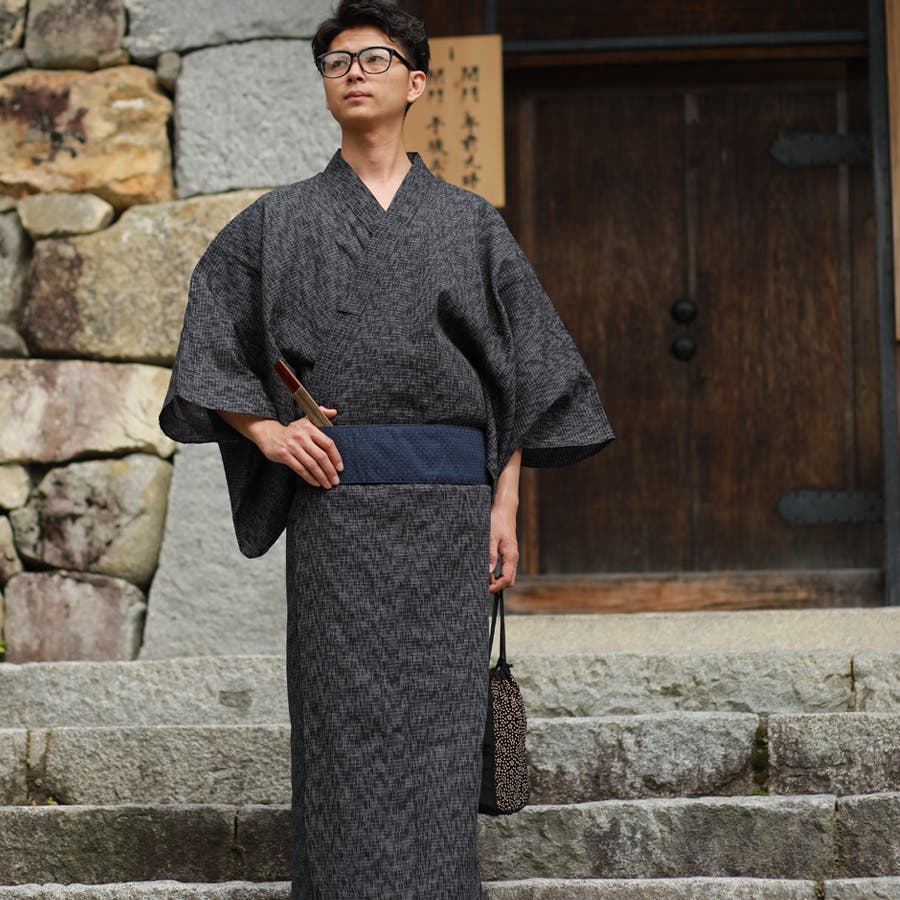 メンズ 男性 浴衣 単品 【A網縞黒】[品番：TEIW0000210]｜京の