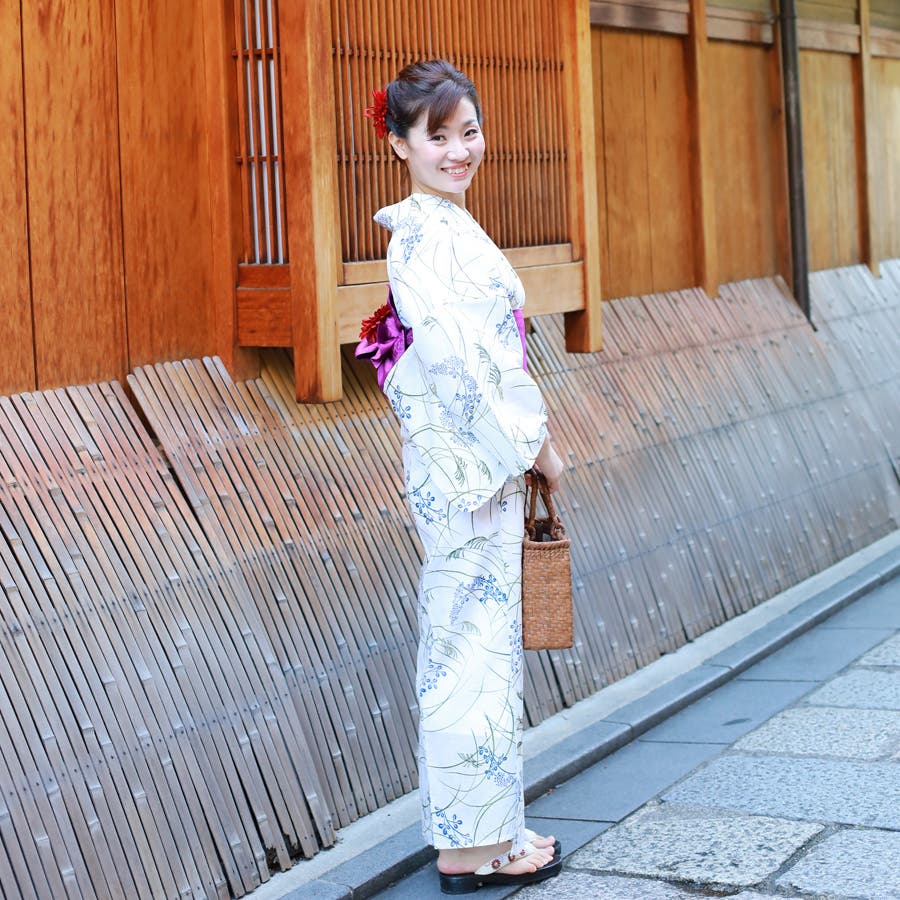 浴衣　朝顔　萩　稲穂　白地　ネイビー　着物　074a d 浴衣 朝顔 萩 稲穂 白地 ネイビー 着物 074a d
