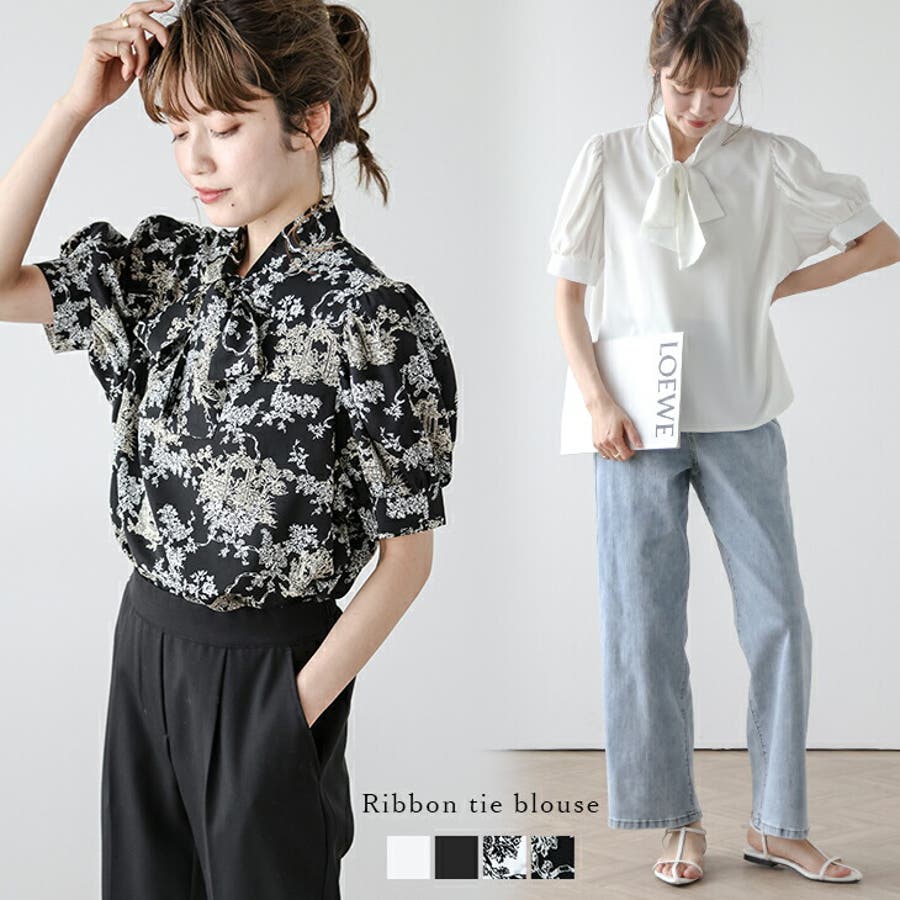 リボンタイ ブラウス 柄シャツ[品番：LGMW0005312]｜La-gemme