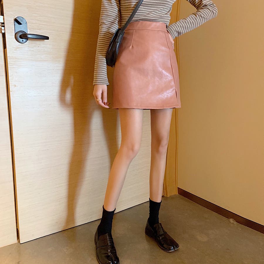 フェイクレザー ミニスカート 韓国ファッション[品番：LBLW0001117