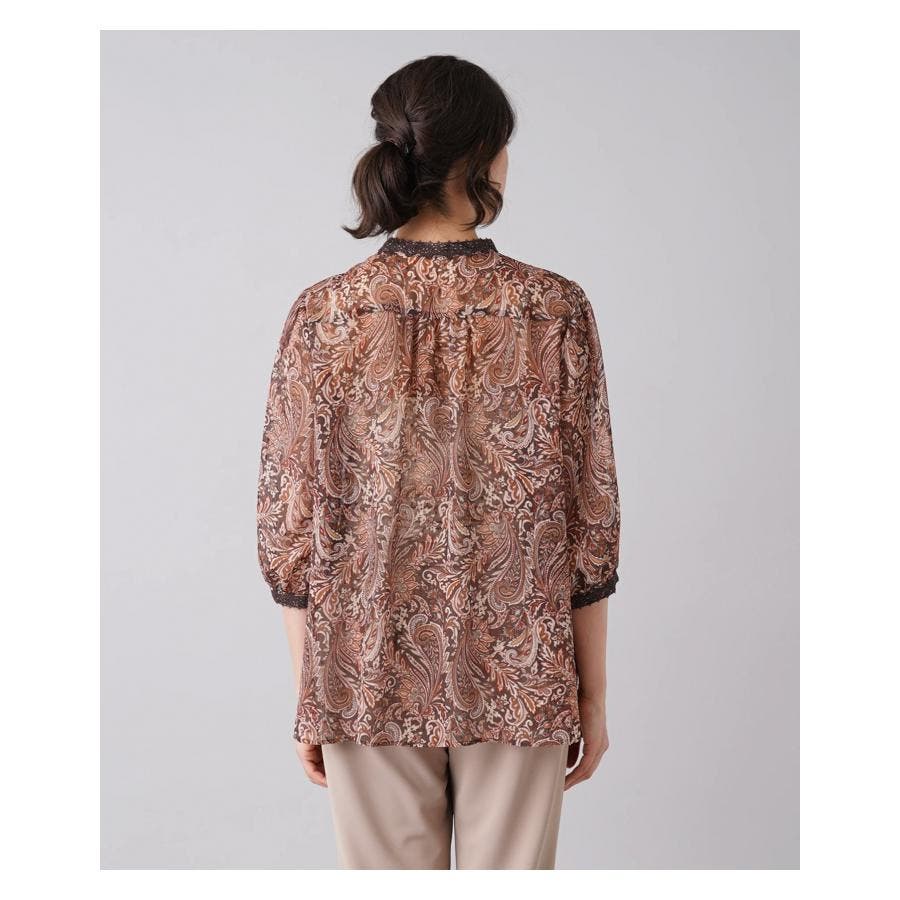 新品】定価41,800円 レリアン ペイズリーシアー7分袖ブラウス 茶 新品】定価41,800円 レリアン ペイズリーシアー7分袖ブラウス 茶